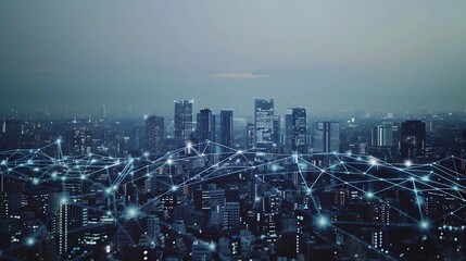 Smart digital city with connection network reciprocity over the cityscape  Concept of future smart wireless digital city and social media networking systems that connects people within : Generative AI