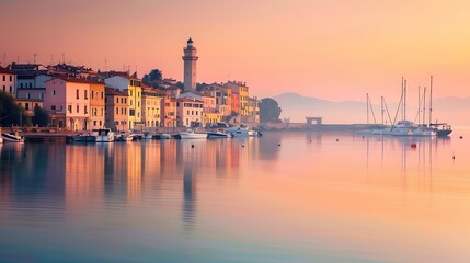 Fototapeta premium Serene Coastal City at Sunrise with Modern and Traditional Waterfront Buildings