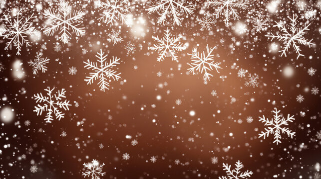 Snow-covered chocolate brown background with delicate white snowflakes, creating a warm and cozy Christmas winter design. The brown hue adds a rich, festive touch.