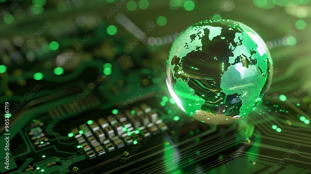 Aufkleber Concept of green technology crystal globe on circuit board technology innovations Environment Green Technology Computer ChipGreen Computing and Technology CSR and IT ethics Ai : Generative AI