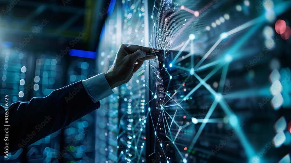 Leinwandbilder Big data digital technology concept Software engineer touching on virtual internet network connection with data center network server innovative futuristic technology background data m : Generative AI