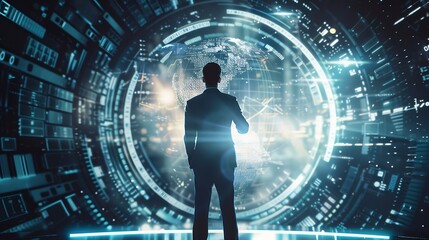 Businessman presenting futuristic business world metaverse graphic In the form of innovation in digital business processing technology innovation of the 21st century : Generative AI