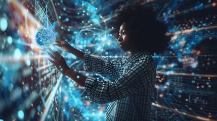 Young black woman operating holographic screen and global communication network concept Wide angle visual for banners or advertisements : Generative AI