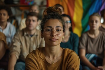 Obraz premium A young woman with tied-back hair and glasses, dressed in a brown top, sits focused at a group meeting against a backdrop featuring the LGBTQ pride flag and attendees.