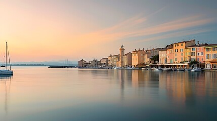 Obraz premium Serene Coastal City at Sunrise with Modern and Traditional Waterfront Buildings