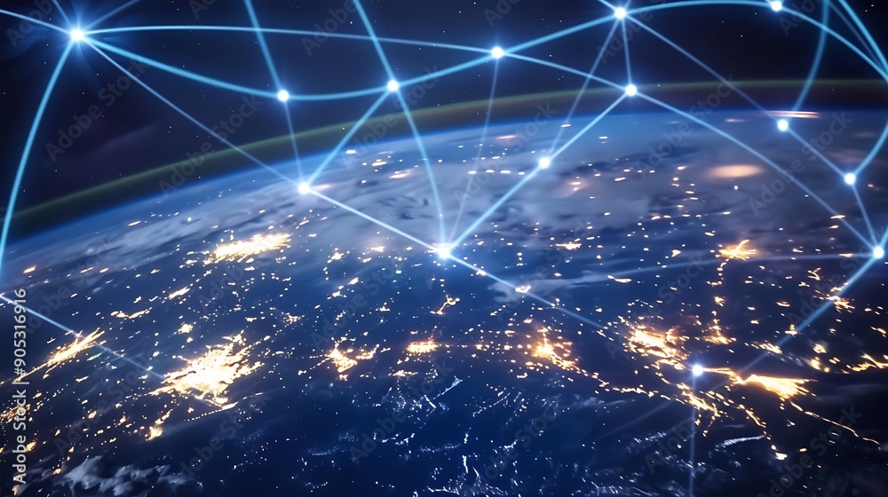 Aufkleber Communication technology with global internet network connected around the world Telecommunication and data transfer international connection links IoT finance business blockchain secu : Generative AI