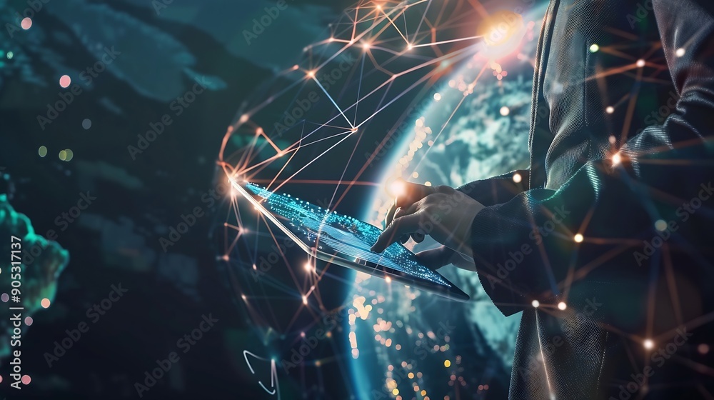 Aufkleber Global internet network connection global business internet of thing concept Business man using digital tablet social networking digital marketing internet technology futuristic tech b : Generative AI