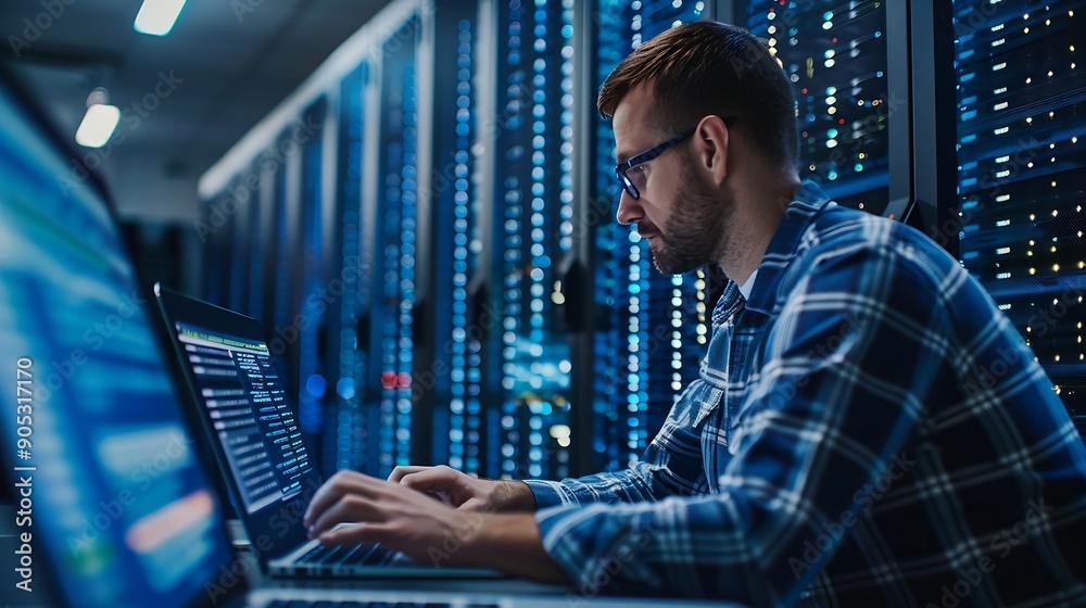 Leinwandbilder Successful Data Center IT Specialist Using Laptop Computer Server Farm Cloud Computing Facility with System Administrator Working Data Protection Engineering Network for Cyber Security : Generative AI