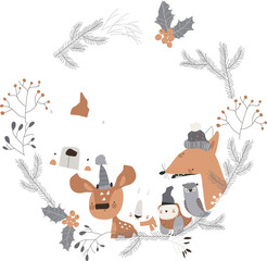 Cute cartoon animals meeting holiday in winter wreath. Vector illustration