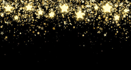 Christmas background design with yellow glowing stars and gold glitter or confetti. Dark backdrop with space for text. Vector flyer or banner template.