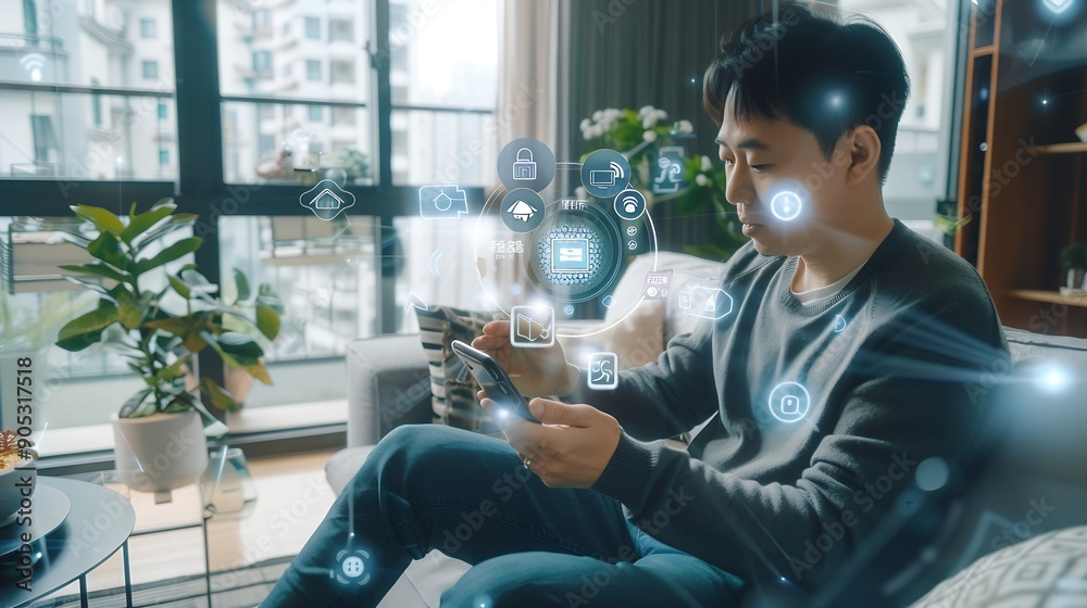 Leinwandbilder asian man sitting on sofa and using smart home control app on mobile phone with augmented reality vi