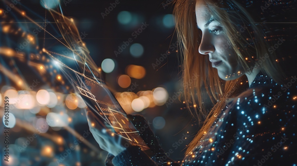 Fototapete Woman on digital tablet futuristic network overlay and iot cloud data communication hologram with blockchain coding technology Future of cyber security fintech software and information : Generative AI