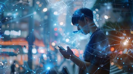 Obraz premium Digital technology internet network connection big data digital marketing social media concept Double exposure of man using smart mobile phone surfing internet and the city technology : Generative AI