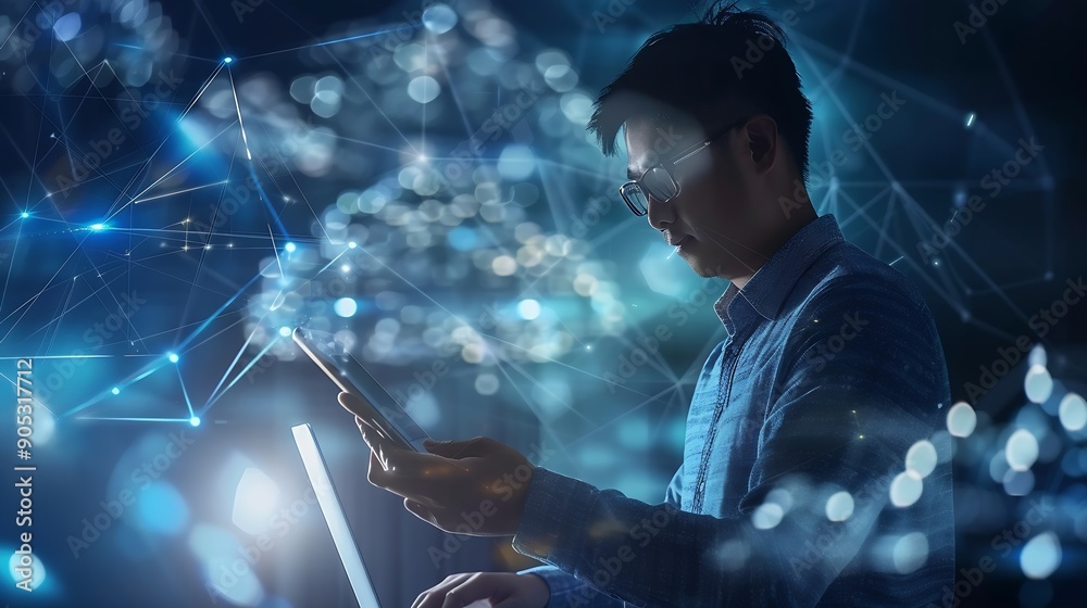 Fototapete Digital technology cloud computing concept Software engineer using mobile smart phone and laptop computer with global network connection Technology innovative and communication concept : Generative AI