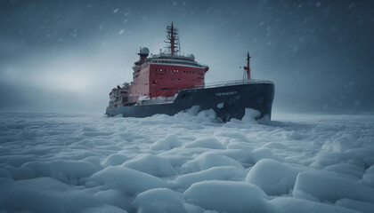 An icebreaker ship cutting through thick sea ice in the Arctic, under the dim light of the polar night, as snow and wind swirl around it.
