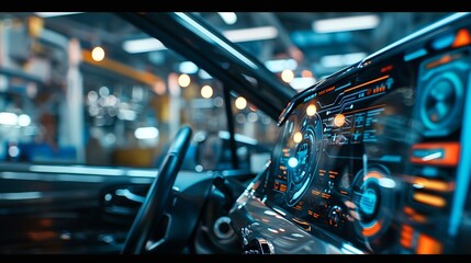 EV electric vehicle technology industry concept futuristic virtual graphic touch user interface on screen with auto repair garage blurred on background : Generative AI