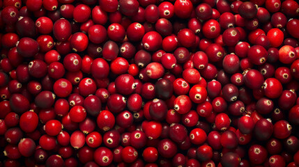 A vibrant and fresh background filled with ripe red cranberries. The cranberries' rich color and natural texture are prominently displayed, making the scene look incredibly appetizing.