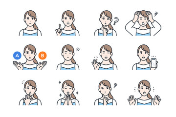 若い女性の様々な表情バリエーション カラーアイコンセット