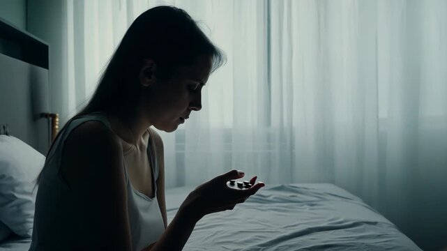 Young woman using drugs in dark bedroom, substance abuse or addiction scene