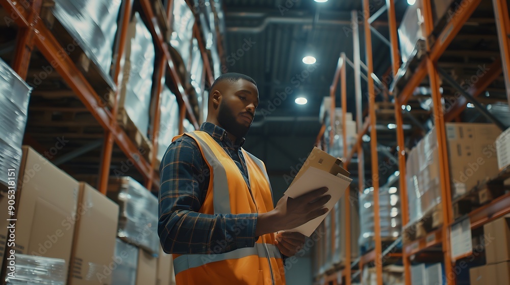 Aufkleber warehouseman checking delivery stock in warehouse on computer pc warehouse manager using warehouse m