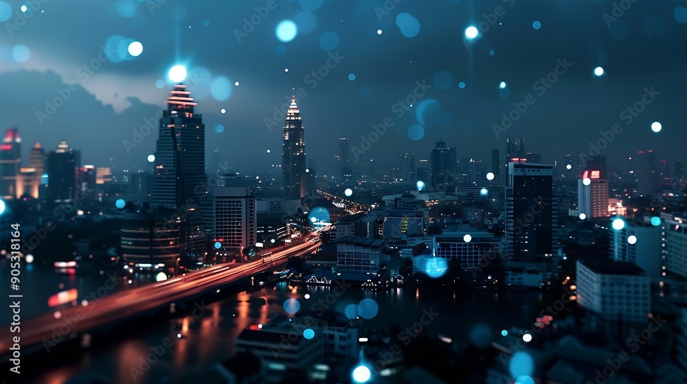 Poster smart city dot point connect with gradient line connection technology metaverse concept bangkok thai