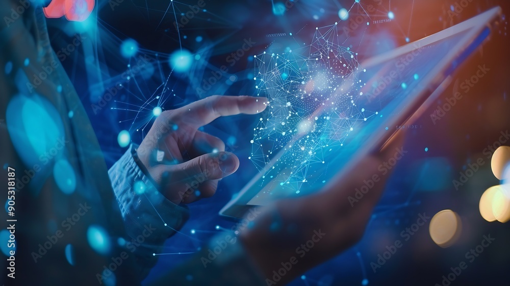 Aufkleber Digital transformation technology era abstract tech background metaverse Man using digital tablet with future technology IoT internet of things future AI technology smart device social : Generative AI