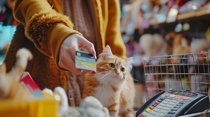 Closeup woman paying for purchase at pet shop using credit card : Generative AI