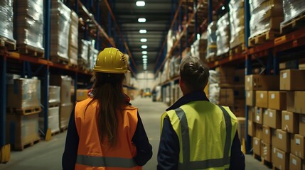 Obraz premium Rear view on Manager and staff talking discussing while walking in warehouse caucasian people in factory with safety helmet vest Concept for industry job meeting work training and team : Generative AI