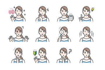 若い女性の様々な表情バリエーション カラーアイコンセット
