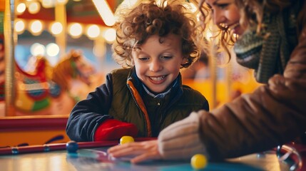 A cute Caucasian boy with curly hair with his mother playing with a puck in an air hockey in an amusement park and carousel on a weekend : Generative AI