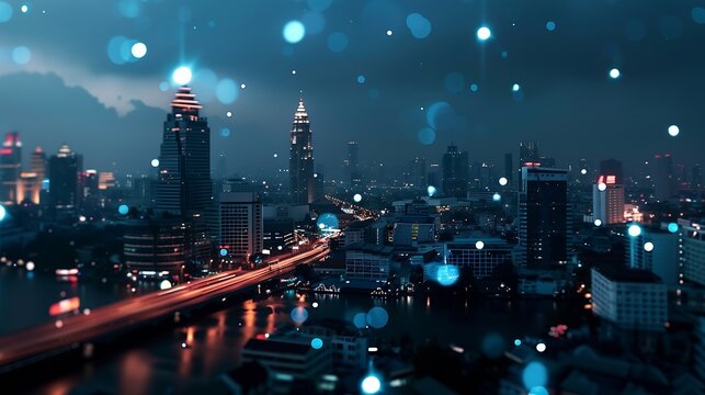 Smart city dot point connect with gradient line connection technology metaverse concept Bangkok Thailand night city banner with big data : Generative AI