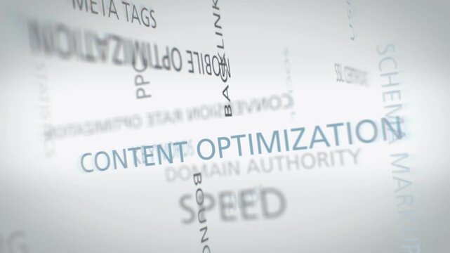 SEO word cloud with various concepts on the topic, animated flight through the collection infographic