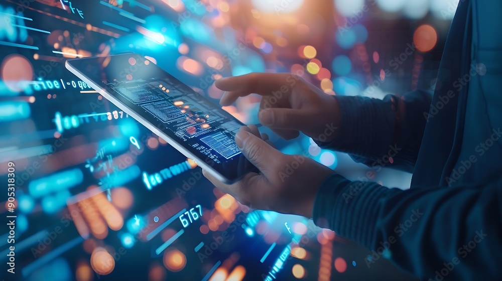 Aufkleber Digital technology software development concept Coding programmer software engineer using digital tablet with circuit board and javascript on virtual screen internet of things IoT : Generative AI
