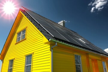 Bright and sunny eco-home with vibrant colors and sustainable design elements, set in a lively and refreshing outdoor setting