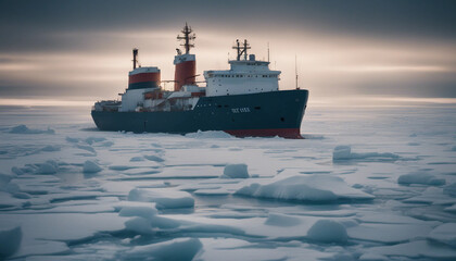 An icebreaker ship cutting through thick sea ice in the Arctic, under the dim light of the polar night, as snow and wind swirl around it.
