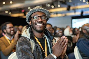 Obraz premium A lively man wearing a hat and glasses is clapping and smiling in an audience, creating an engaging and positive environment filled with energy.