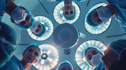 Image of round scanner against diverse male and female surgeons discussing before surgery Medical healthcare technology concept : Generative AI