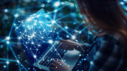 Digital technology internet network connection digital marketing IoT internet of things Woman using mobile phone and laptop computer connecting the internet technology background cloud : Generative AI