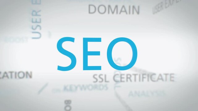 Word cloud with 'SEO' as the main term, accompanied by keywords related to digital marketing and online visibility.