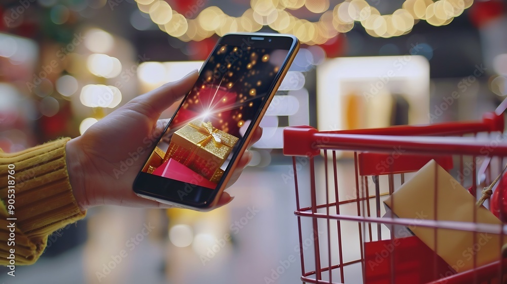 Poster customer add products to cart while online shopping via smart phone on store ecommerce marketing sup