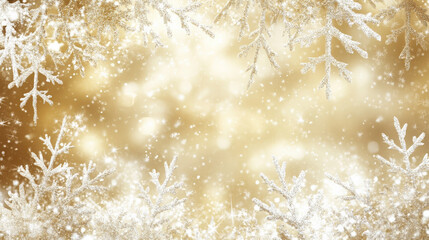 Snow-covered gold background with shimmering white snowflakes, giving a luxurious Christmas winter design. The gold backdrop enhances the festive atmosphere.