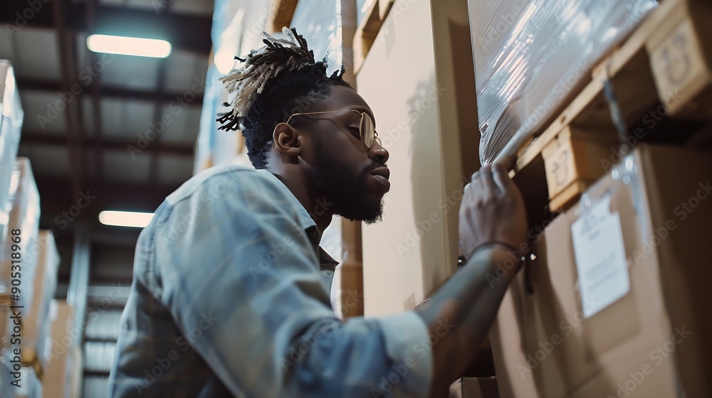 Poster african american person working to shipping box package by order in logistic warehouse black male wo