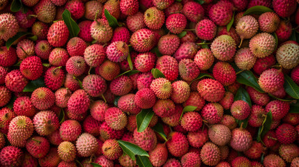 A vibrant display of fresh lychees, filling the background completely. The lychees' unique texture and juicy appearance make them look incredibly tempting and fresh.