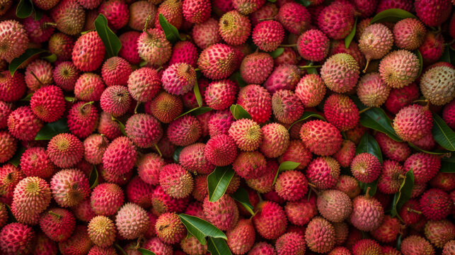 A vibrant display of fresh lychees, filling the background completely. The lychees' unique texture and juicy appearance make them look incredibly tempting and fresh.