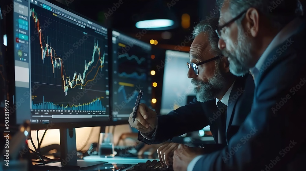 Poster Business professional brokers discussing stock market on pc screen in real time analyzing dynamic exchange rate database graph or interesting unit investment for trading in valued grow : Generative AI