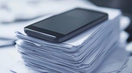 Smartphone on top of a stack of documents, depicting modern technology and paperwork in a business or office setting.