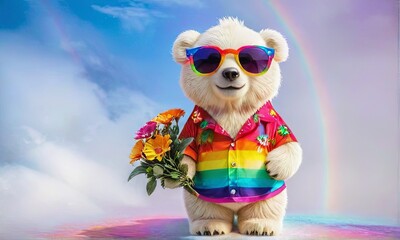 Fototapeta premium Polar Bear with Flowers in Hawaiian Shirt on Beach