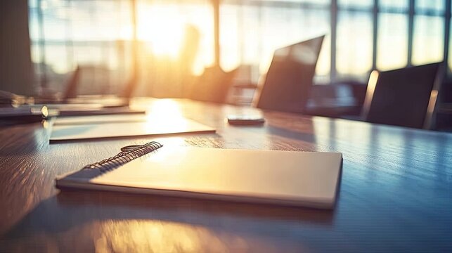 Sunlit conference room set for a meeting with notebooks and laptops on a wooden table, suggesting a productive and inspiring work environment.