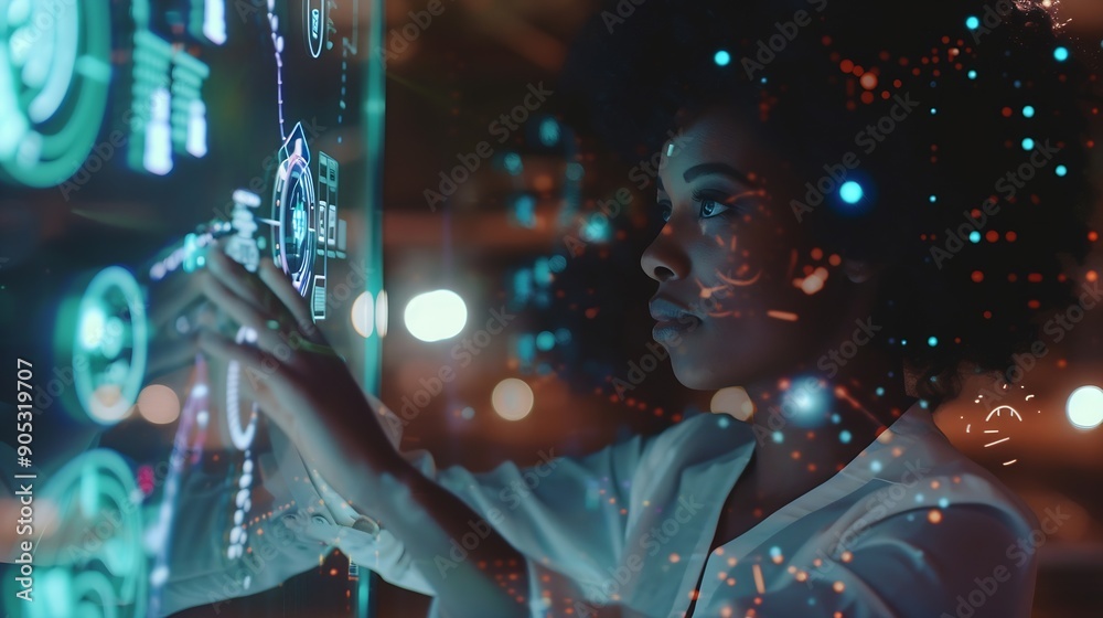 Poster Black woman working in office and futuristic graphical user interface concept ICT Information Communication Technology System engineering : Generative AI