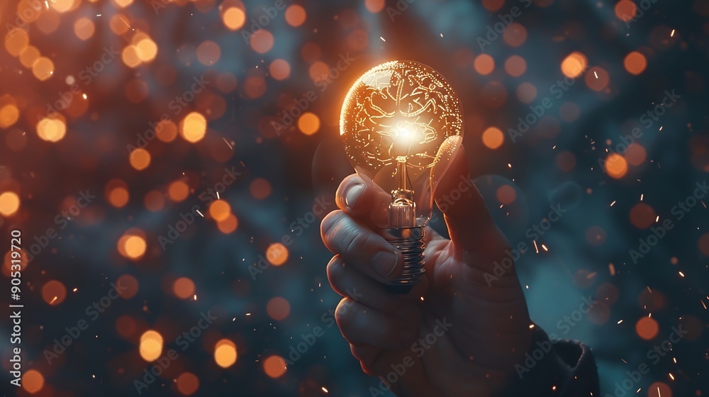 Poster hand man holding illuminated lightbulb idea innovation and inspiration with glowing virtual brain sm